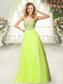 Yellow Green A-line Beading Prom Dress Zipper Tulle Sleeveless Floor Length