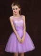 Dramatic Scoop Sleeveless Mini Length Lace and Ruching Lace Up Quinceanera Dama Dress with Lilac