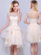 Top Selling Scoop Lace and Ruffles Wedding Party Dress Champagne Lace Up Sleeveless High Low