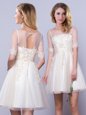Charming Scoop Half Sleeves Lace Up Bridesmaid Gown Champagne Tulle