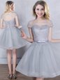 A-line Quinceanera Court of Honor Dress Grey Scoop Tulle Short Sleeves Mini Length Lace Up
