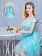 Aqua Blue Lace Up Off The Shoulder Lace and Appliques and Bowknot Dama Dress for Quinceanera Tulle Cap Sleeves
