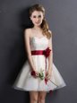 Elegant Mini Length Lace Up Vestidos de Damas Champagne and In for Prom and Party and Wedding Party with Lace and Hand Made Flower