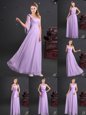 On Sale One Shoulder Chiffon Sleeveless Floor Length Dama Dress for Quinceanera and Ruching and Bowknot and Hand Made Flower
