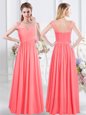 Watermelon Red Chiffon Zipper Scoop Cap Sleeves Floor Length Damas Dress Lace and Ruching