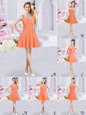 Orange A-line Lace and Ruching and Belt Bridesmaid Dress Zipper Chiffon Sleeveless Mini Length