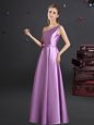 One Shoulder Sleeveless Quinceanera Court of Honor Dress Floor Length Bowknot Lilac Elastic Woven Satin