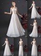 Flare V-neck Sleeveless Wedding Party Dress Floor Length Lace and Appliques and Bowknot White Chiffon