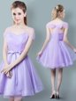 Sophisticated Lavender Tulle Zipper Straps Cap Sleeves Knee Length Damas Dress Ruching and Bowknot