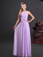 Sexy Halter Top Sleeveless Floor Length Ruching and Bowknot Zipper Dama Dress for Quinceanera with Lavender