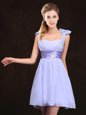 Chic Lavender Empire Straps Sleeveless Chiffon Mini Length Zipper Ruching and Bowknot Bridesmaid Dresses