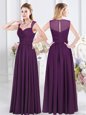 Artistic Straps Purple Zipper Bridesmaid Gown Ruching Sleeveless Floor Length