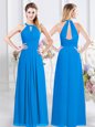 Baby Blue Empire Chiffon Halter Top Sleeveless Ruching Floor Length Zipper Wedding Guest Dresses