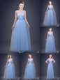 Spectacular Light Blue Tulle Lace Up Sleeveless Floor Length Vestidos de Damas Beading and Appliques and Ruching and Bowknot and Hand Made Flower