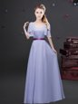 Popular Square Lavender Zipper Dama Dress Ruching and Belt Short Sleeves Floor Length