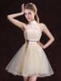 Halter Top Mini Length Champagne Wedding Guest Dresses Organza Sleeveless Lace and Belt