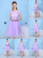 Cheap Scoop Lavender Tulle Lace Up Bridesmaids Dress Sleeveless Knee Length Bowknot