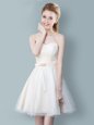 Exquisite Champagne Tulle Zipper Sweetheart Sleeveless Knee Length Dama Dress Ruching and Bowknot