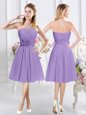 Lavender A-line Strapless Sleeveless Chiffon Knee Length Zipper Ruching and Hand Made Flower Bridesmaid Dresses
