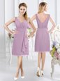 Wonderful Chiffon V-neck Sleeveless Zipper Ruching Court Dresses for Sweet 16 in Lavender