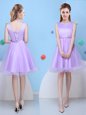 Decent Scoop Sleeveless Tulle Knee Length Lace Up Dama Dress for Quinceanera in Lavender for with Bowknot
