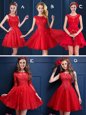 Unique Scoop Red Lace Up Vestidos de Damas Lace and Appliques Sleeveless Mini Length