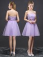 Best Selling Lavender A-line Lace and Belt Quinceanera Court of Honor Dress Lace Up Organza Sleeveless Mini Length