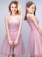 Ruching and Bowknot Quinceanera Court Dresses Pink Lace Up Sleeveless Mini Length