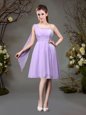 Sumptuous One Shoulder Lavender Empire Beading and Ruching Quinceanera Court of Honor Dress Zipper Chiffon Sleeveless Mini Length