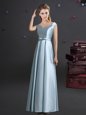 Excellent Light Blue Bridesmaid Dress Prom and Party and Wedding Party and For with Bowknot Off The Shoulder Cap Sleeves Zipper