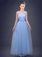 Unique Light Blue Sleeveless Appliques and Ruching and Bowknot Floor Length Bridesmaid Dresses