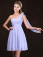 One Shoulder Ruching and Hand Made Flower Quinceanera Court Dresses Lavender Zipper Sleeveless Mini Length