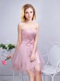 Pink Sleeveless Ruching and Bowknot Mini Length Dama Dress for Quinceanera