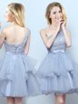 Grey A-line Organza One Shoulder Sleeveless Lace and Ruffles and Belt Mini Length Lace Up Quinceanera Dama Dress