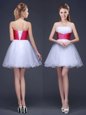 Sleeveless Organza Mini Length Lace Up Dama Dress in White for with Beading and Ruching and Belt