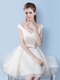Sweet Cap Sleeves Knee Length Lace Up Dama Dress White and In for Prom and Party with Bowknot