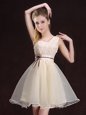 Adorable Champagne One Shoulder Lace Up Appliques and Belt Bridesmaid Dresses Sleeveless