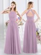 Exquisite Halter Top Sleeveless Chiffon Floor Length Zipper Quinceanera Court Dresses in Lavender for with Ruching