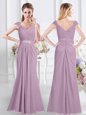 Free and Easy Cap Sleeves Chiffon Floor Length Zipper Vestidos de Damas in Lavender for with Beading and Ruching