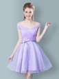 V-neck Cap Sleeves Dama Dress for Quinceanera Knee Length Ruching and Bowknot Lavender Tulle