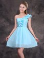 One Shoulder Mini Length Empire Sleeveless Baby Blue Dama Dress for Quinceanera Zipper