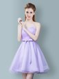 Customized Lavender Empire Sweetheart Sleeveless Tulle Knee Length Zipper Ruching and Bowknot Quinceanera Court Dresses