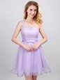 Perfect One Shoulder Mini Length Lavender Wedding Party Dress Tulle Sleeveless Lace and Appliques and Belt