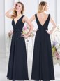 Empire Bridesmaid Gown Navy Blue V-neck Chiffon Sleeveless Floor Length Backless