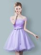 Admirable Lavender Tulle Zipper Off The Shoulder Sleeveless Knee Length Bridesmaids Dress Ruching and Bowknot