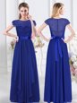 Hot Selling Royal Blue Scoop Zipper Lace and Belt Bridesmaid Dresses Short Sleeves