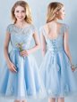 Attractive A-line Wedding Guest Dresses Light Blue Scoop Tulle Short Sleeves Knee Length Lace Up