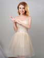 Off The Shoulder Short Sleeves Quinceanera Court of Honor Dress Mini Length Lace and Appliques and Belt Champagne Tulle