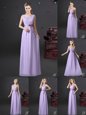 Custom Design Lace and Appliques and Belt Bridesmaid Dress Lavender Lace Up Sleeveless Floor Length