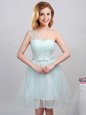 Stylish Apple Green Lace Up One Shoulder Lace and Appliques and Belt Wedding Party Dress Tulle Sleeveless
